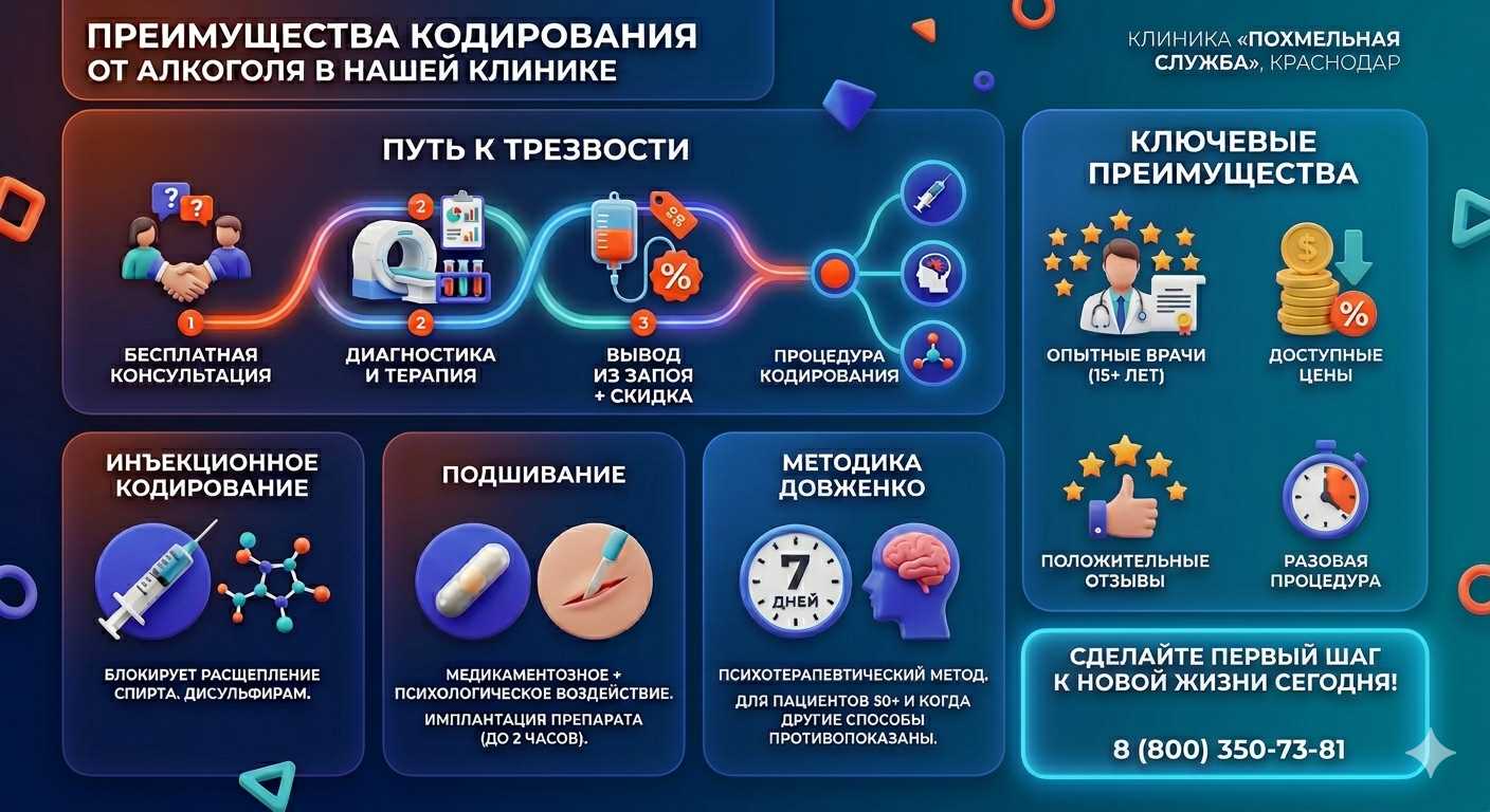 Инфографика о методах кодирования от алкоголя в Ясном: инъекции, подшивание, метод Довженко. Преимущества клиники и этапы лечения.