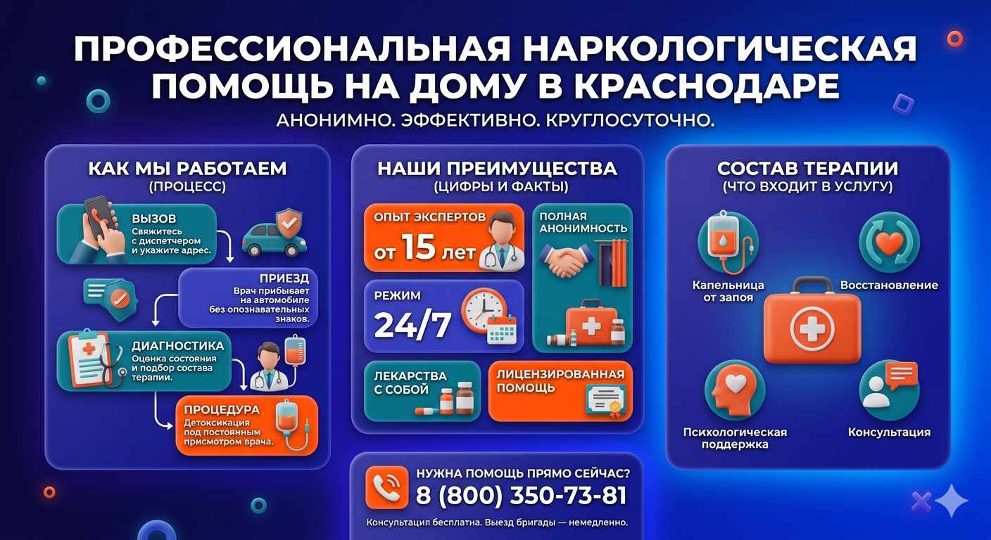 Инфографика о принципах лечения алкоголизма на дому в Ясном: этапы вызова нарколога, преимущества анонимной детоксикации и состав медицинской помощи.